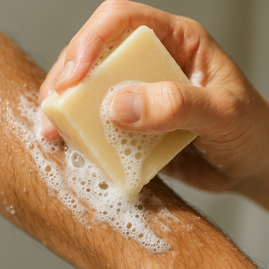 Hand lathering natural tallow soap on a forearm, creating rich foam and gentle bubbles