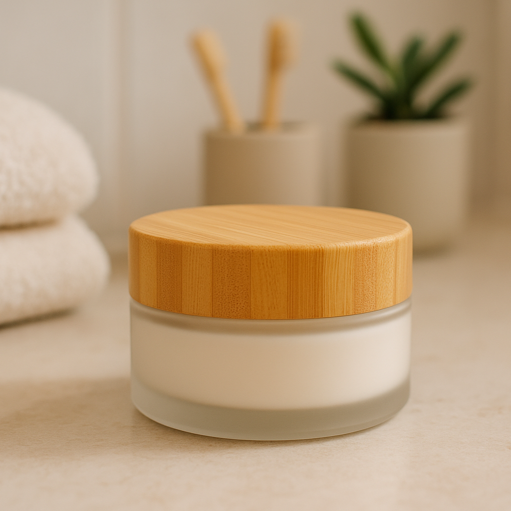 Vital tallow cream in a bamboo-lid jar, natural skincare moisturizer on bathroom counter.