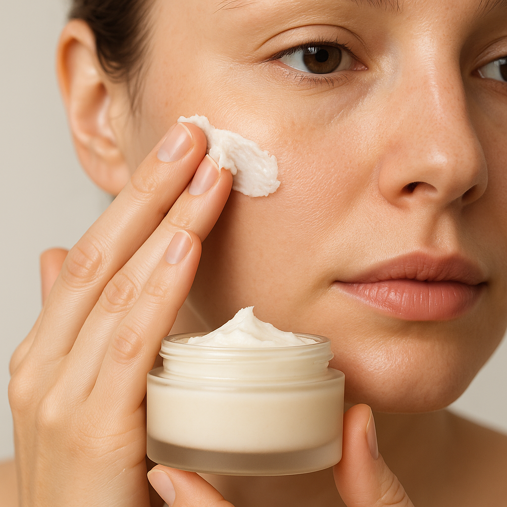 Woman applying tallow cream to her face for natural skincare and skin recovery.